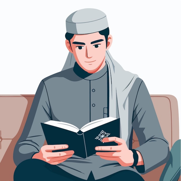 Вектор Вектор плоский мусульманский ребенок читает коран
