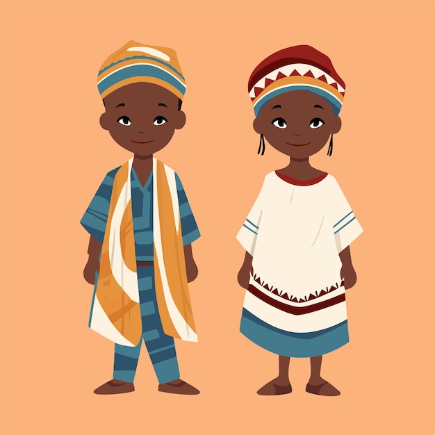 Вектор плоская африканская пара детей с традиционным костюмом