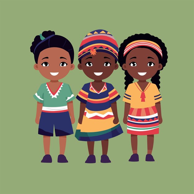 Vector flat african couple children with traditional costume