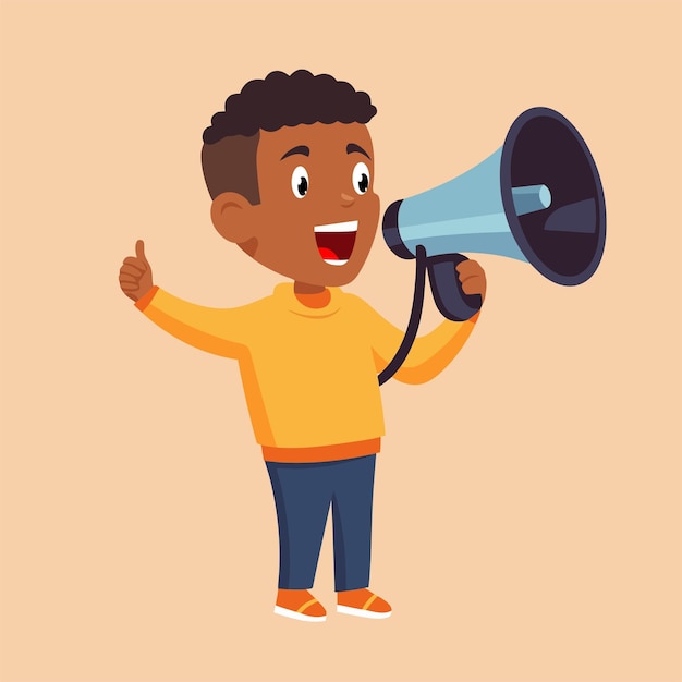 vector flat african young boy shouting on a megaphone