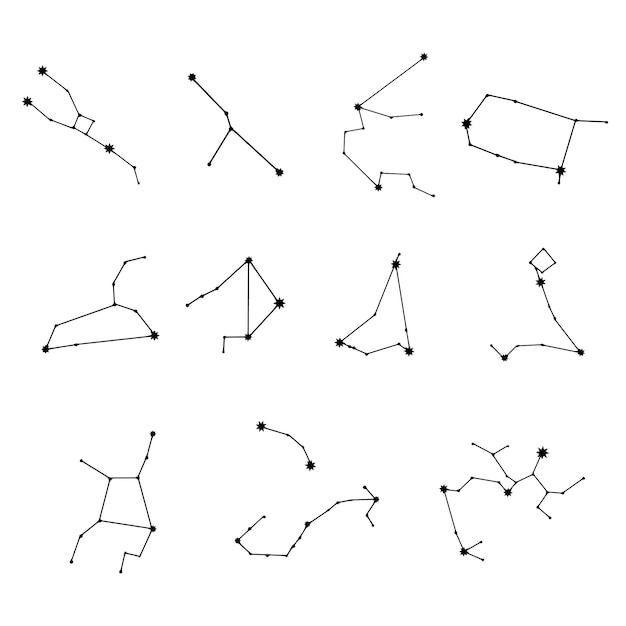Векторный плоский и простой набор иллюстраций в стиле черных астрологических знаков, выделенных на белом му