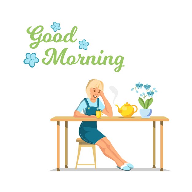 Vector Flat Banner Good Morning Young Girl Sitting