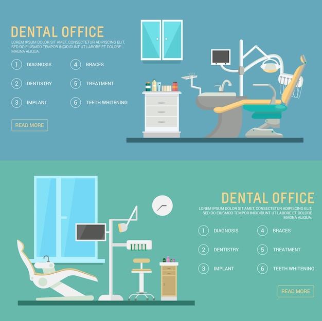 Векторные плоские баннеры стоматологического кабинета с инструментами для сидения и оборудования