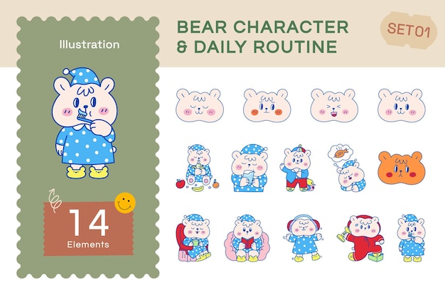 Vector vector flat bear character and daily routine set1