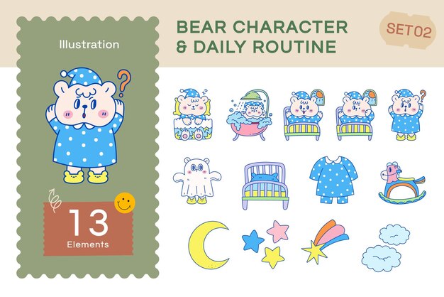 Vector vector flat bear character and daily routine set2