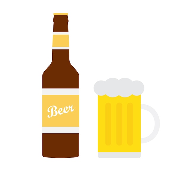 vector flat beer bottle and glass