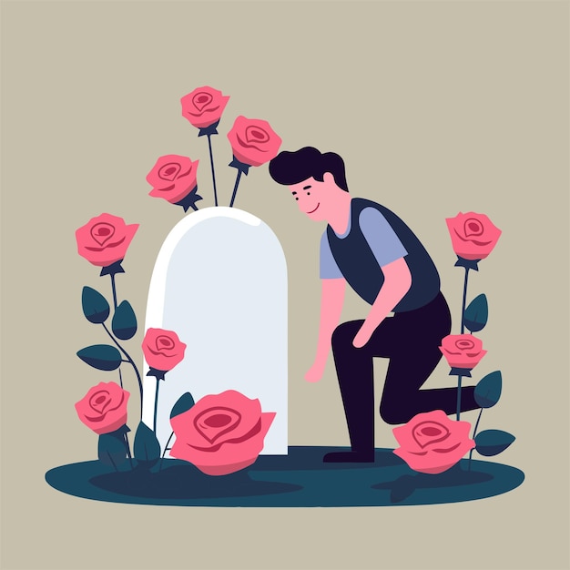 vector flat bringing roses to a gravestone