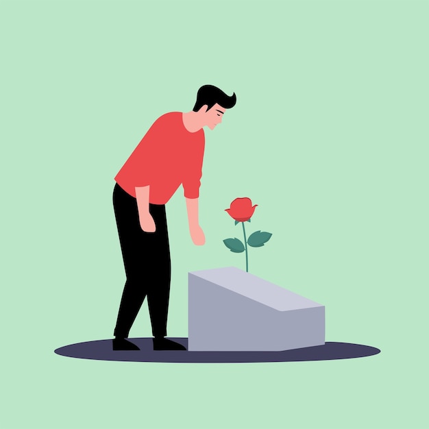 vector flat bringing roses to a gravestone