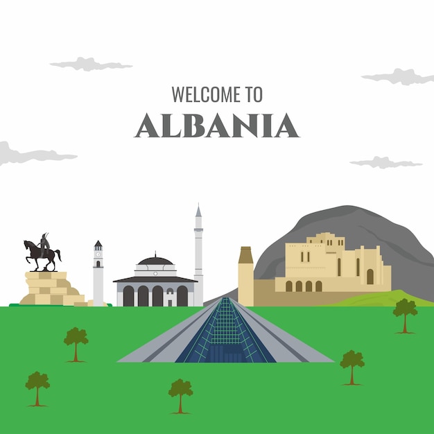 Vector flat cartoon albania landmark building welcome to albania tirana tourist attractions design elements for banner infographic poster business travel and tour guide