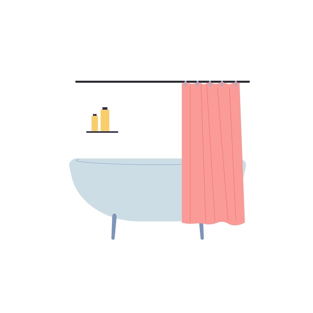 Vector flat cartoon bath with curtain,shelf with personal hygiene products items isolated on empty background-modern home bathroom furniture,interior elements concept,web site banner ad design