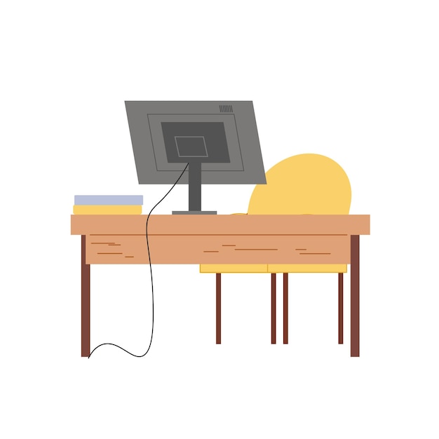 Vector vector flat cartoon chair and work desk with monitor,books isolated on empty background-electronic equipment and office interior elements,workplace organization concept,web site banner ad design