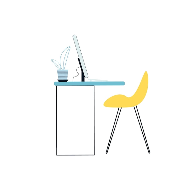 Vector vector flat cartoon chair and work desk with monitor,home plant isolated on empty background-electronic equipment,office interior elements,workplace organization concept,web site banner ad design