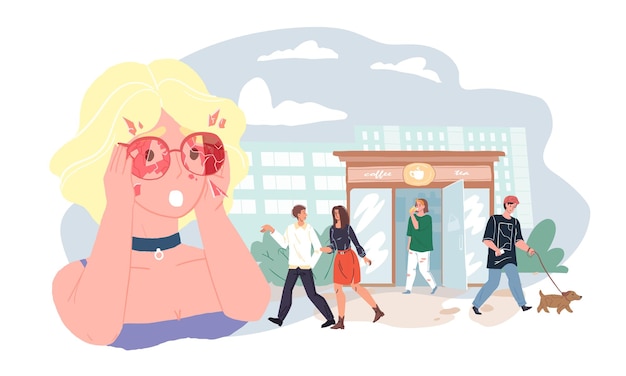 Vector flat cartoon character,shocked woman in broken pink glasses looking on couple of lovers-psychological problem of wrong perception of reality,personal psychology concept,web site banner design