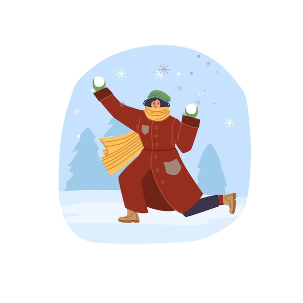 Vector flat cartoon character in winter season outdoor playing snowballs - fashion,emotions,healthy lifestyle social concept