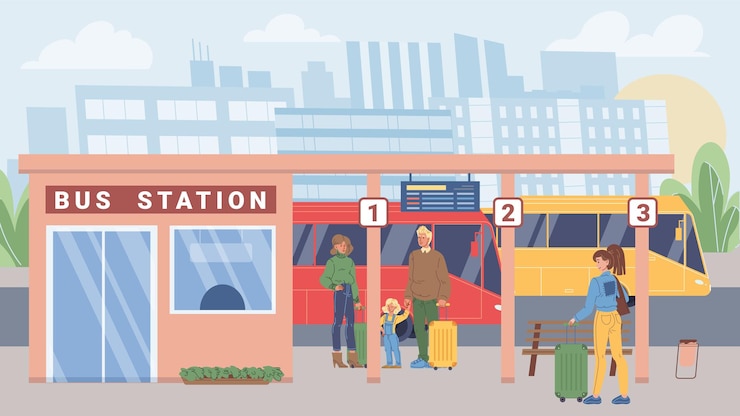 Vector vector flat cartoon characters in city life scene-various people with suitcases stand at bus station,waiting for their trip ride.web online banner design,life scene,social story concept