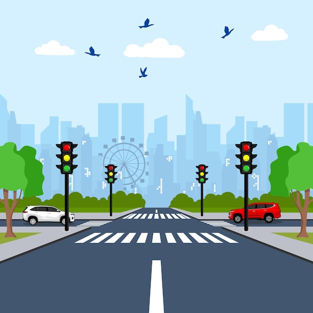 vector flat cartoon city crossroads with cars in traffic light