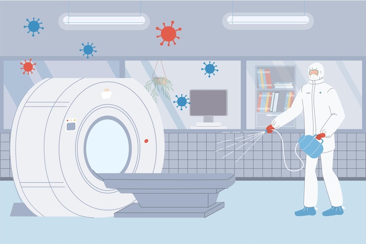 Vector vector flat cartoon doctor character in protective suit disinfects mri table in clinic lab