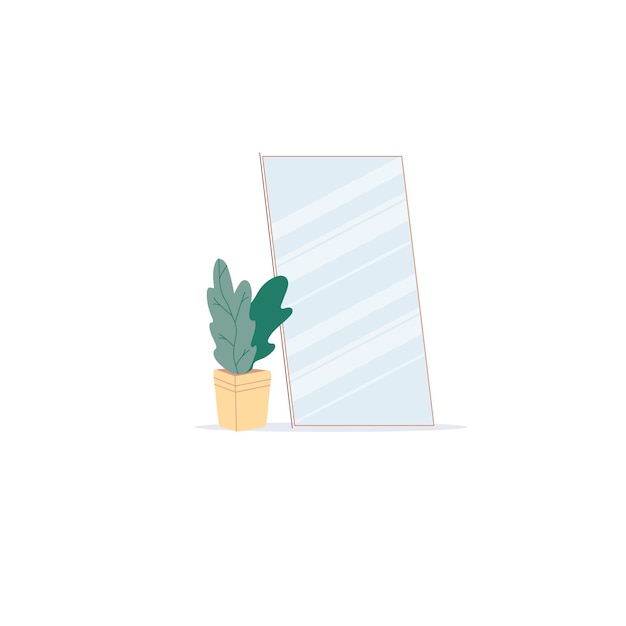 Vector flat cartoon floor mirror with home plant isolated on empty background-modern furniture,living room interior elements,comfort,home life concept,web site banner ad design