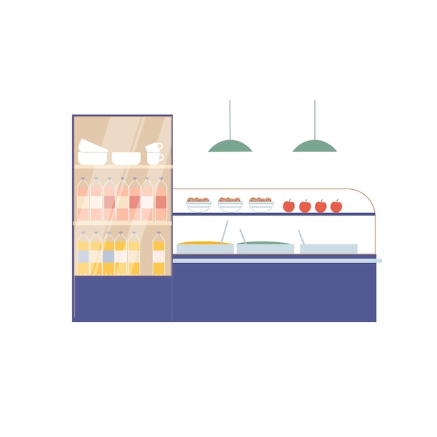 Вектор Вектор плоский мультфильм еда и напитки в витрине и холодильнике, изолированные на пустом фоне, элементы интерьера ресторана и кафе быстрого питания, концепция индустрии общественного питания, дизайн баннера веб-сайта
