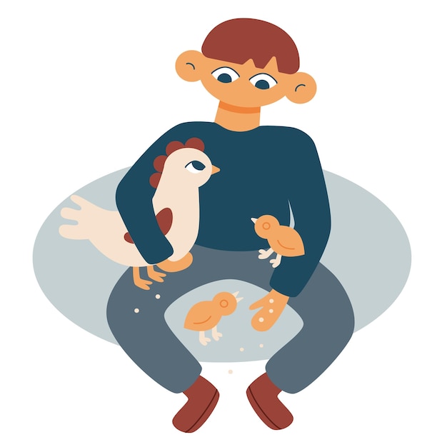 Vector flat cartoon illustration The boy feeds the hen and chickens Scene on a farm in a village