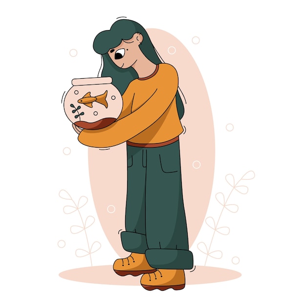 Vector flat cartoon illustration Cute girl with gold fish in aquarium Pet friend animal