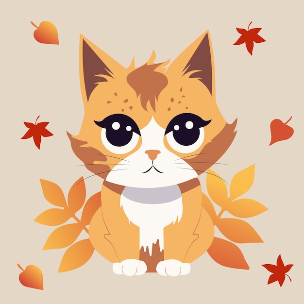 벡터 벡터 플랫 만화 그림 나뭇잎과 잔가지의 배경에 있는 귀여운 빨간 고양이 가을 시즌