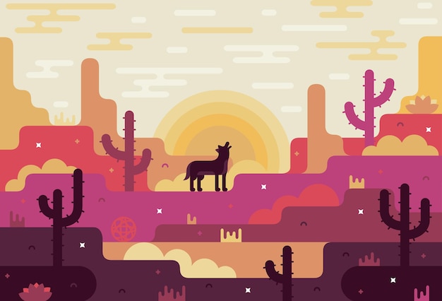 Vector flat cartoon Illustration of desert wolf cactus and sunrise