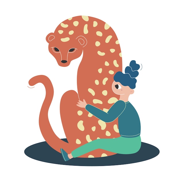 Vector flat cartoon illustration The girl is sitting on the floor The girl hugs a leopard