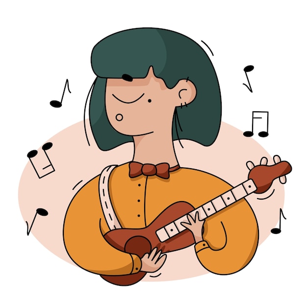 Vector flat cartoon illustration the girl plays the guitar and sings