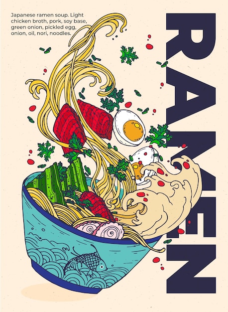 Illustrazione del cartone animato piatto vettoriale zuppa di ramen giapponese con alghe d'uovo alle erbe in un piatto con pesce