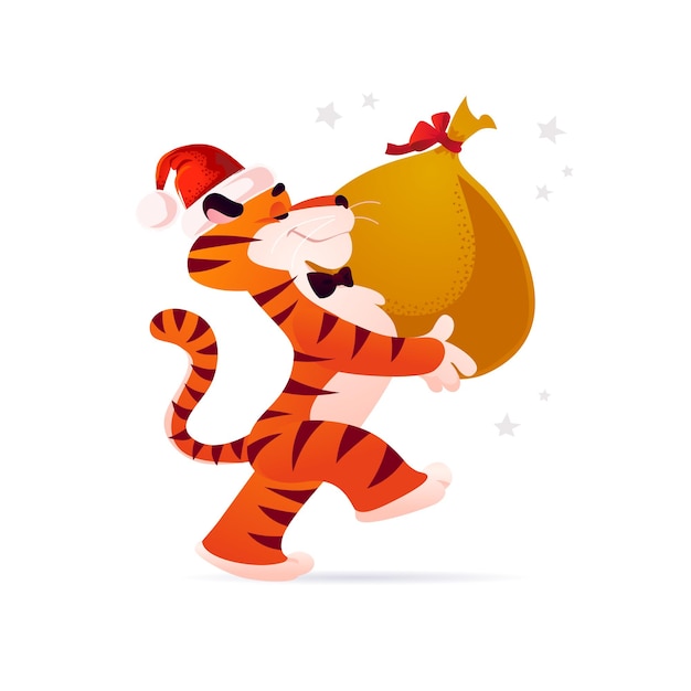 Vector flat cartoon illustration of new year and merry christmas mascot tiger funny character in santa hat carry big bag with xmas gifts isolated. for banners, web, packaging, ads, cards etc.