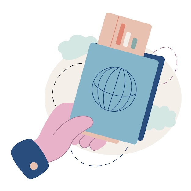 Vector flat cartoon illustration Passport control at airport Hand holds passport and a plane ticket