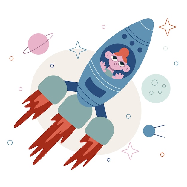 Vector flat cartoon illustration Space Adventures Astronaut flies on a spaceship to another planet