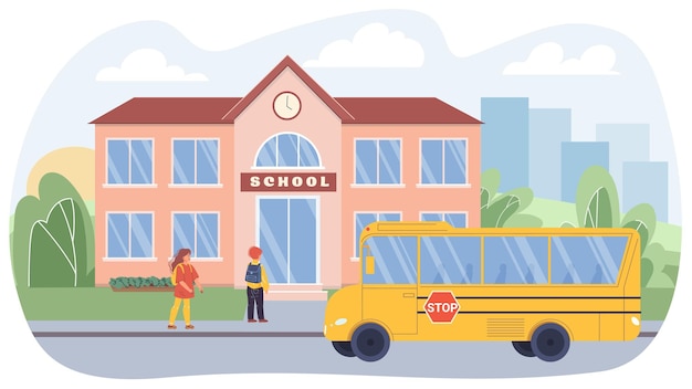 Vector vector flat cartoon kid characters in city life scene.pupils on sidewalk go to school building,school bus stands nearby on road.web online banner design,life scene,social story concept