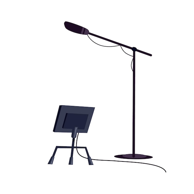 Vector vector flat cartoon microphone on stand and rack isolated on empty background-professional tv studio equipment,television production industry concept,web site banner ad design