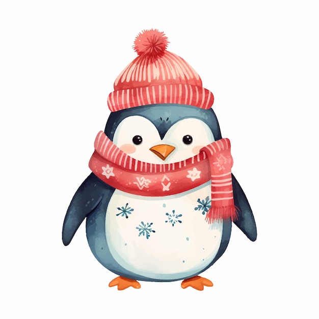 Vector flat cartoon penguin wearing winter outfit Funny polar winter bird banner poster greeting