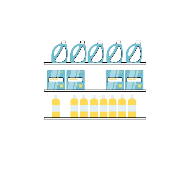 Вектор плоский мультфильм полки окна магазина с различными чистящими средствами, изолированные на пустой фон-концепция элементов интерьера магазина бытовой химии, дизайн баннера веб-сайта