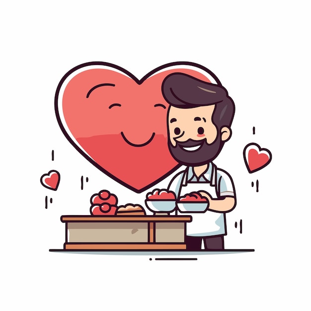 Vector flat cartoon style illustration of a man with a beard and mustache standing at the counter in front of a heartshaped box full of strawberries