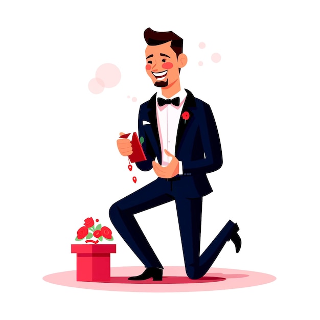 vector flat character Young man in a suit making a wedding proposal