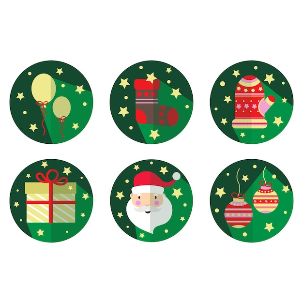 Vector vector flat christmas icons set with santa, holiday socks and mitten, candy stick, snowman