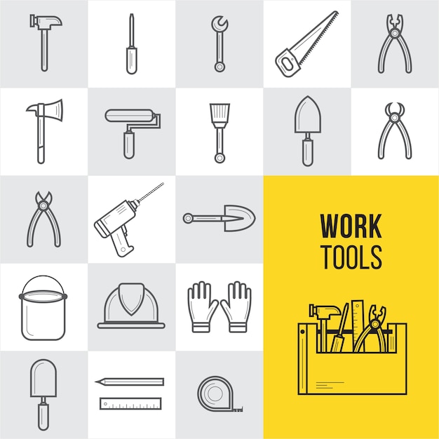 Vector flat construction and tools outline icons set