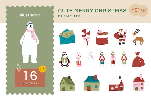 Vector vector flat cute merry christmas elements set4