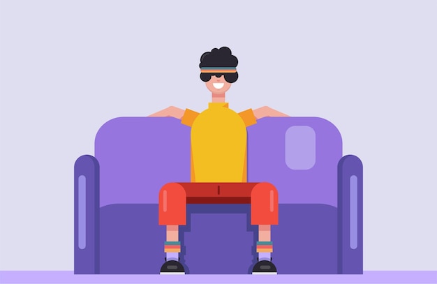 Vector flat design of a boy is sitting on the couch