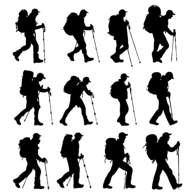 vector flat design hiking silhouette set