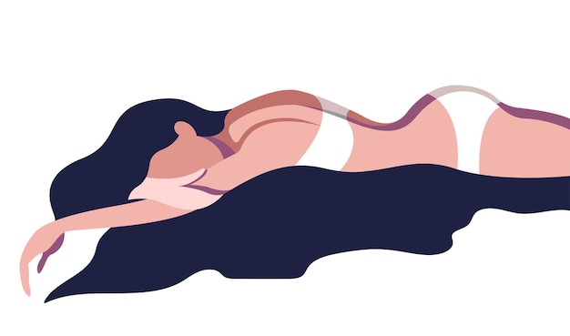 베개에 머리카락을 흩뿌린 채 침대에서 달콤하게 자고 있는 소녀의 벡터 평면 디자인 이미지