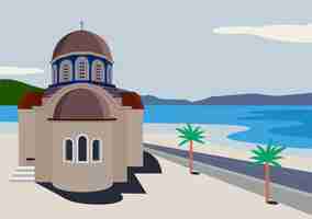 Вектор Векторный плоский дизайн церковного здания на берегу моря в греции