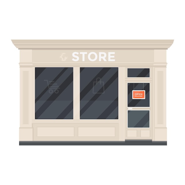 Design piatto vettoriale ristoranti esterni e negozi facciata supermercato caffè icone degli edifici della finestra anteriore del negozio isolate su sfondo bianco