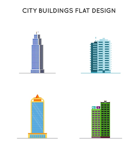 Vector design piatto di case di città retrò e moderne vecchi grattacieli di edifici