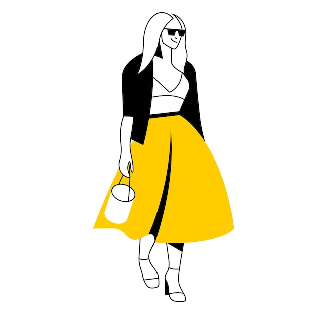 Vector vector flat design trendy linear illustration beautiful stylish woman in long midi skirt