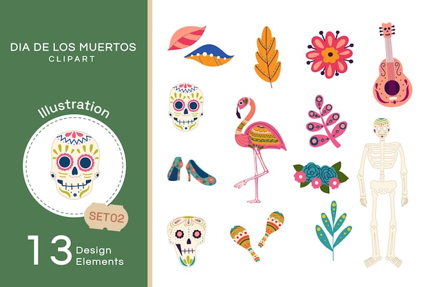 Vector vector flat dia de los muertos clipart set2